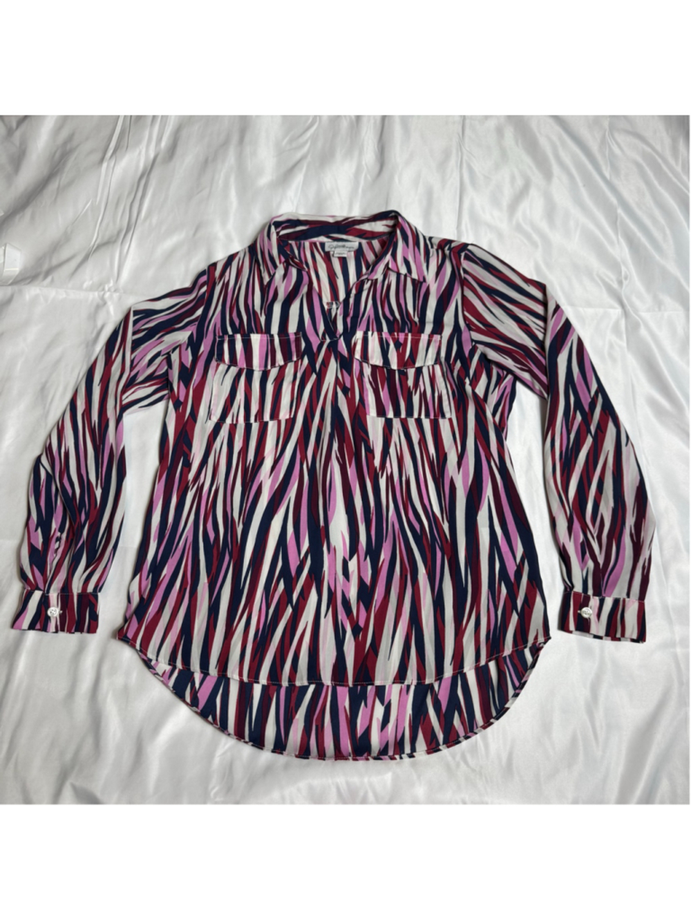 Women's Jaclyn Smith Blouse Size S White Burgundy Abstract Print